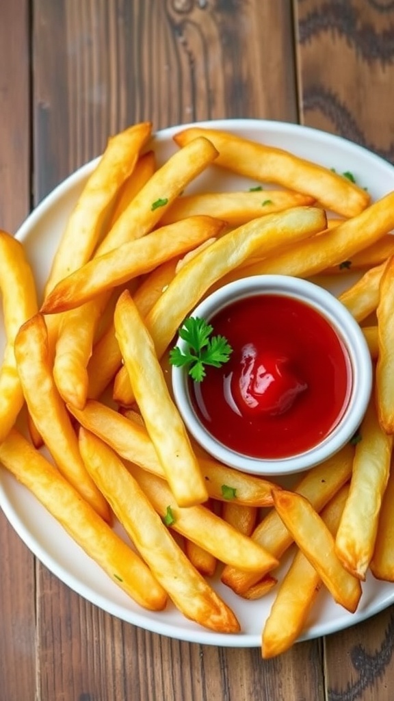 Crispy Air Fryer French Fries Recipe Crispy air fryer French fries on a plate with ketchup and parsley garnish.